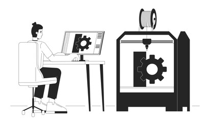 Poster - 3D printing in mechanical engineering black and white cartoon flat illustration. 3d printer technician at computer 2D lineart character isolated. Rapid prototype monochrome scene vector outline image