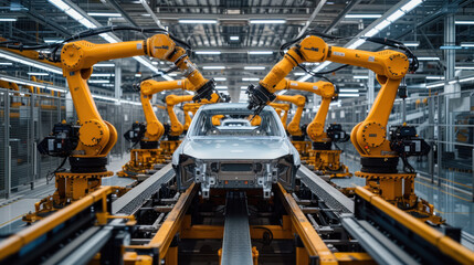 Aufkleber - Automated robotics arms efficiently assembling a car on a production line, showcasing precision and advanced manufacturing technology