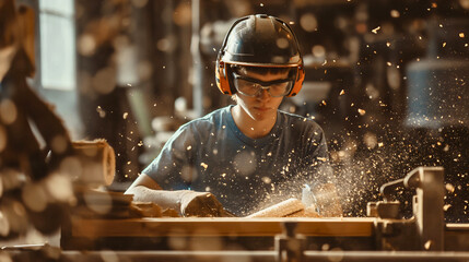 Teenage boy carpenter wearing protective workwear, helmet and glasses, cutting wood on a machine. Craftsman working with hardwood, sawing indoors, manufacturing timber, precision pressure structure