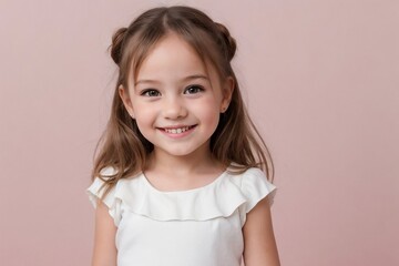 Happy cute little girl wearing white clothes standing against a pink background with copy space.