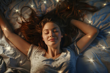 Wall Mural - Happy young woman lying on her bed