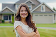 Radiant young woman with arms crossed in front of home