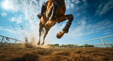 Fototapeta  - Closeup of a brown equestrian horse showjumping, jumping over the hurdle obstacle barrier with the rider on his back. Competition sport or training outdoors, stallion contest