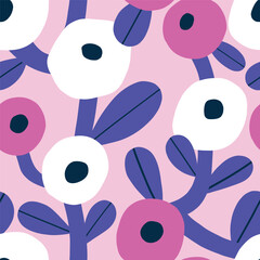 Wall Mural - Bold floral seamless texture. Cute vector pattern with big flowers and leaves. Hand drawn floral background