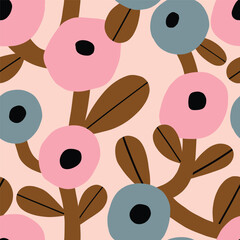 Wall Mural - Bold floral seamless texture. Cute vector pattern with big flowers and leaves. Hand drawn floral background