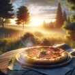 Pizza on wooden table outdoor