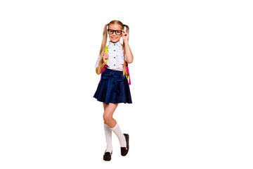 Canvas Print - Full length, legs, body, size portrait of beautiful, charming, gorgeous small blonde girl in skirt stand isolated on shine yellow background with copy space for text corrects glasses