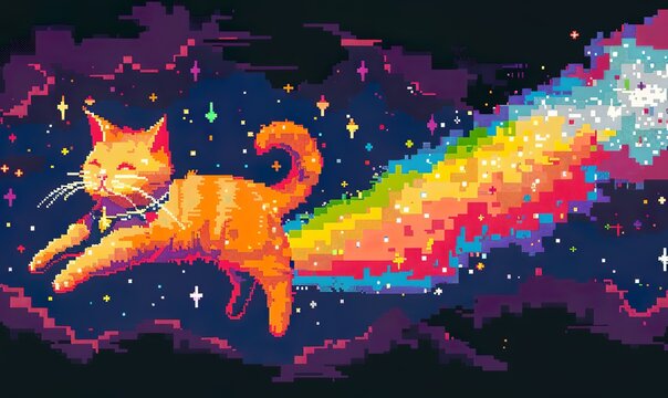 pixel art illustration a cat with the body of a pop tart with a rainbow shooting out its backside
