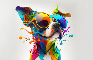 Wall Mural - cartoon colorful dog with sunglasses on white background. created with generative ai