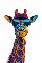 Wall Mural - cartoon colorful giraffe with sunglasses on white background. created with generative ai