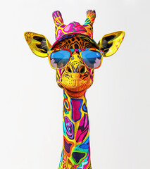 Wall Mural - cartoon colorful giraffe with sunglasses on white background. created with generative ai