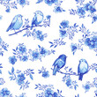 Seamless pattern with couple blue robin birds sitting on a blossoming cherry branch. Hand drawn watercolor painting illustration isolated on white background