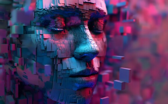 Digitales abstraktes Gesicht aus einzelnen Würfeln zusammengesetzt, Konzept Digitalisierung
