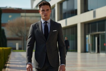 Determined Man in Tailored Grey Suit Cityscape