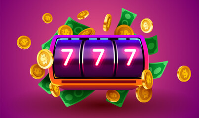 Wall Mural - Golden slot machine wins the jackpot. 777 Big win concept. Casino jackpot.