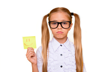 Sticker - It's not interesting! Boredom courses pessimism concept. Close up photo portrait of upset pessimistic depressive gloomy negative girl holding positive sticker isolated bright background