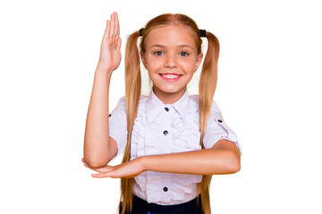 Sticker - Elementary primary junior intellectual schoolkid concept. Close up photo portrait of clever nice cheerful excited cute adorable in white collar formal wear blouse holding hand up isolated background