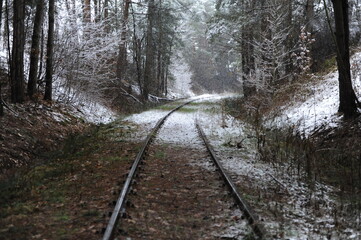 Railway and railroad tracks in the winter forest with snow and trees during winter. Beautiful landscape.