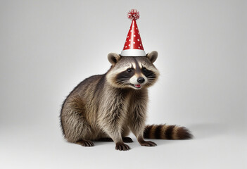 Wall Mural - Funny raccoon in birthday hat dances on white background
