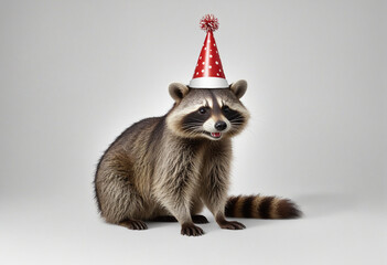 Canvas Print - Funny raccoon in birthday hat dances on white background