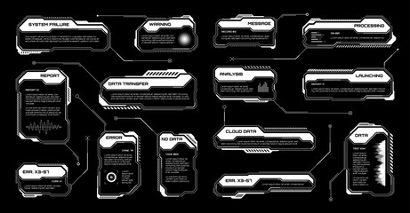 Poster - white futuristic hud, ui elements. sci-fi user interface text boxes, callouts. warning message frame