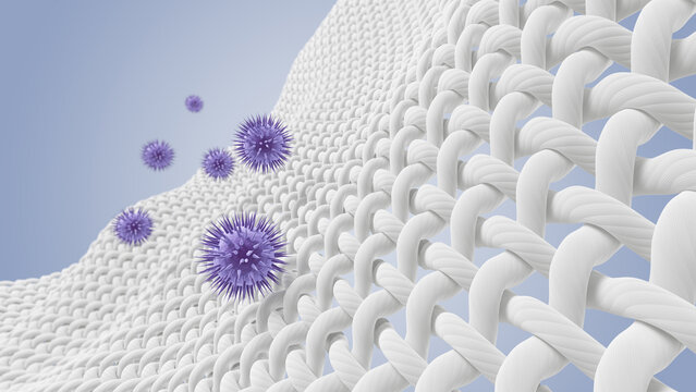 A microscopic of fabric fiber with purple virus, coronavirus covid-19 disease, 3d illustration.