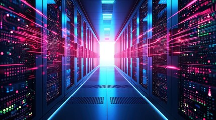 Poster - Abstract data center network system. Server racks in server room data center .computer network security concept.