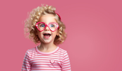 Little blonde child with heart shaped eye glasses on pink background with copy space. Happy childhood, Valentines day celebration holidays.