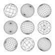 © 32 pixels - Wireframe shapes, lined sphere. Perspective mesh, 3d grid. Low poly geometric elements. Retro futuristic design elements, y2k, vaporwave and synthwave style. Vector illustration