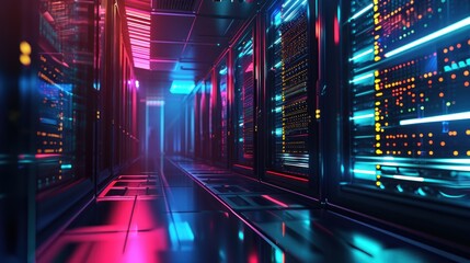 Poster - Abstract data center network system. Server racks in server room data center .computer network security concept.