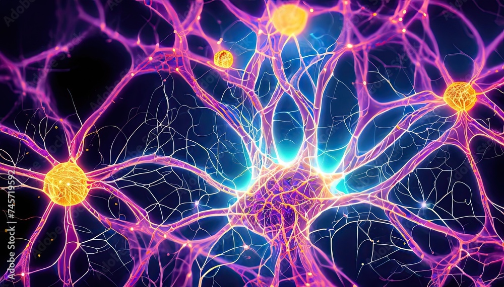 A vibrant network of glowing nerve cells, illuminated by a mysterious ...