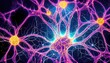 A vibrant network of glowing nerve cells, illuminated by a mysterious energy, sends signals through intricate synaptic connections