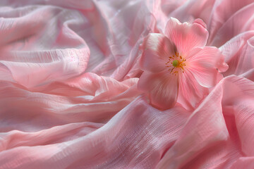 Wall Mural - a pink flower is sitting on a pink textured fabric in