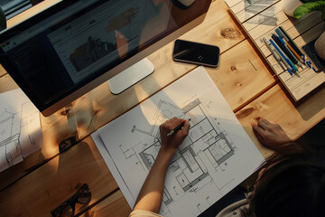 engineer drawing a blueprint, drawing blueprint, close up of a person drawing a blueprint, architect working on project, architect working on blueprints, person writing on a paper