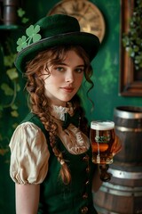 Wall Mural - woman dressed as a waitress with glasses of beer on st patrick's day celebration