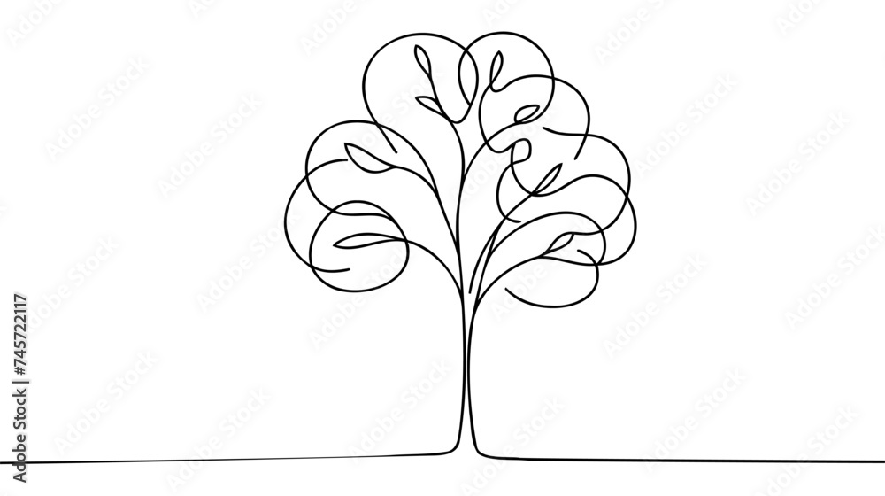 Continuous one line drawing of tree on white background. Vector ...