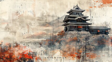 A collage with a B&W photo of a samurai castle, accented by gray and brown patterns, embodying bushido's honor and discipline.

