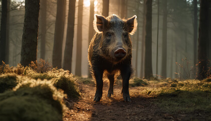 a large wild boar stands in a forest. the boar is looking directly at the camera.