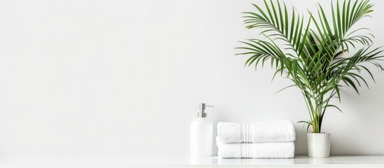 Close up of white clean towel and houseplant on the table. Generated AI image