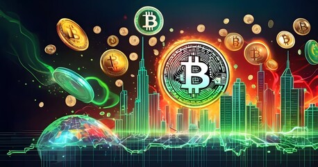 Fototapete - A mesmerizing art display of bitcoins floating in a circle, illuminated by visual effect lighting on a dark background, creating a symmetrical and visually stunning logo for an entertainment event