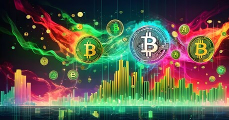 Fototapete - A mesmerizing art display of bitcoins floating in a circle, illuminated by visual effect lighting on a dark background, creating a symmetrical and visually stunning logo for an entertainment event