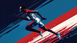 Concept design for the 2024 Olympics in Paris, France. Elite sprinter athlete in a race, running and sprinting towards the finish line. Not an actual depiction of the event. Vibrant, red, white, blue