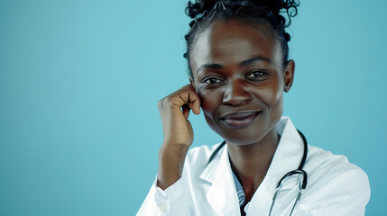 Wall Mural - Close-up portrait of black woman female doctor wearing doctors gown smiling and staring at the camera in a photography studio setting. Isolated shot against modern medical light blue background, bokeh