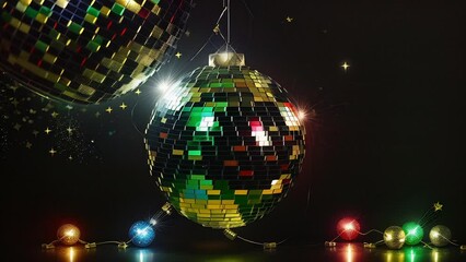 Wall Mural - a colorful disco ball with mirror surface, hangs against a black background. it is surrounded by gol