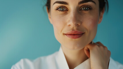 Wall Mural - Close-up portrait of woman female doctor wearing doctors gown smiling and staring at the camera in a photography studio setting. Isolated shot against modern medical light blue background, with bokeh