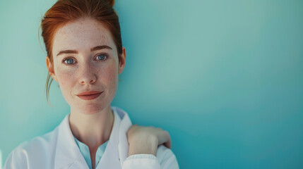 Wall Mural - Close-up portrait of woman female doctor wearing doctors gown smiling and staring at the camera in a photography studio setting. Isolated shot against modern medical light blue background, with bokeh