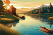© Usama - Boat in a lake illustration. Illustration traveling boat in river, beautiful landscape, green trees, natural light, nature landscape background. Beautiful lake with a boat in mountain area.