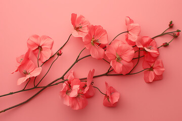 Wall Mural - beautiful pink blooms on a pink background with flat 