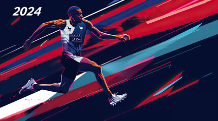 Wall Mural - Concept design for the 2024 Olympics in Paris, France. Elite French triple jumper running and jumping. Not an actual depiction of the event. Vibrant, red, white, blue. 2024 text writing written 