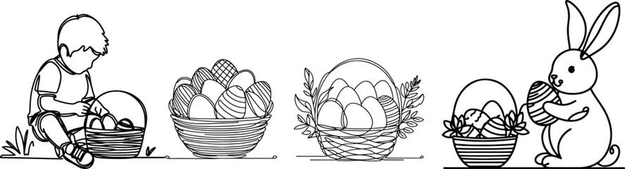 Wall Mural - One continuous hand drawing black line art basket, easter egg, bunny, kids, doodle decorated. design for rabbit easter egg outline style vector